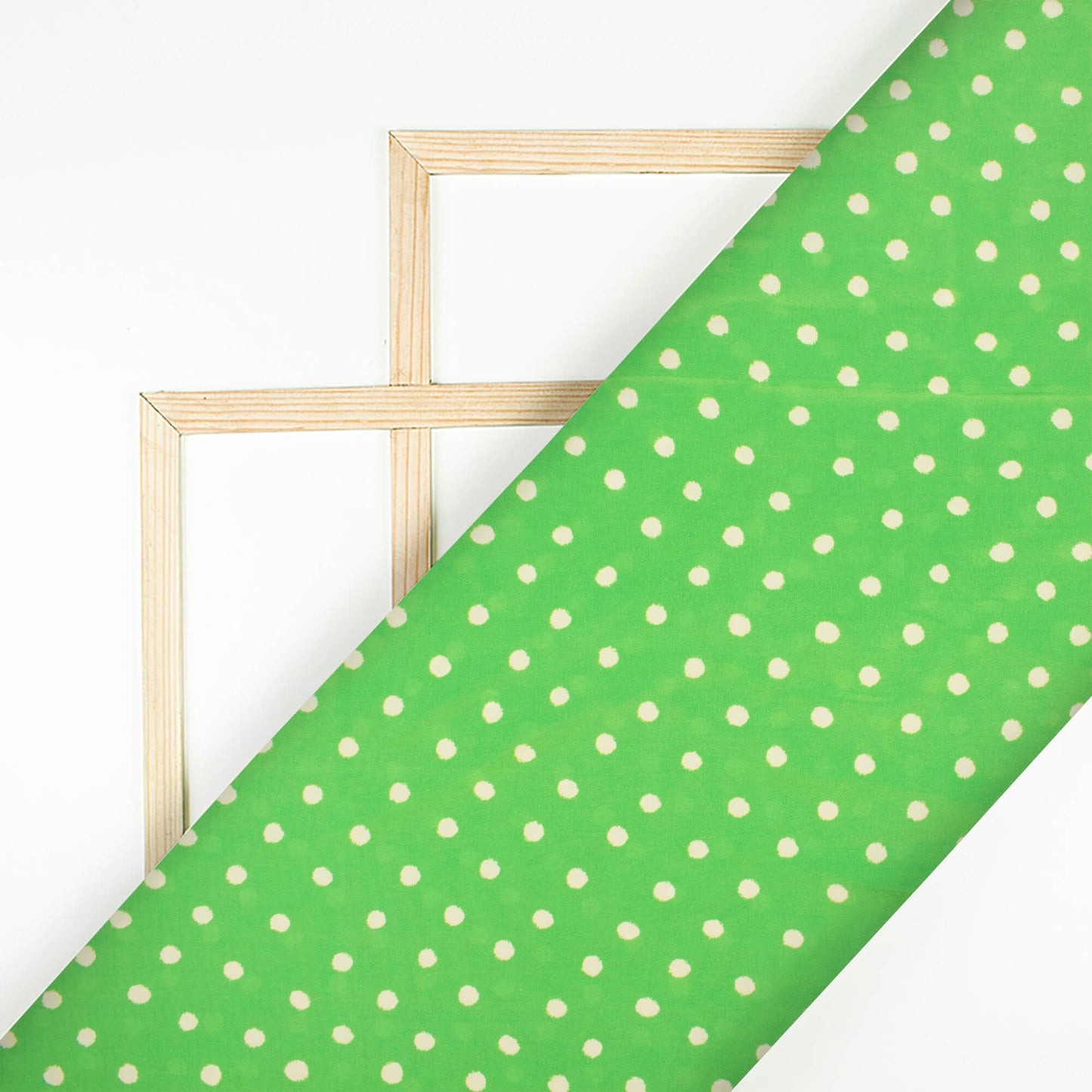 Parakeet Green And Cream Polka Dots Pattern Digital Print French Crepe Fabric - Fabcurate