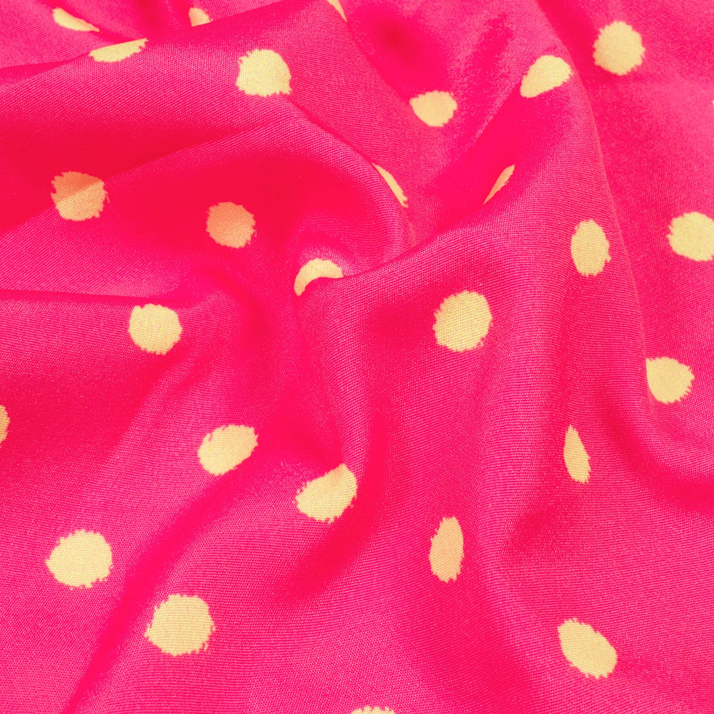 Cerise Pink And Cream Polka Dots Pattern Digital Print French Crepe Fabric - Fabcurate