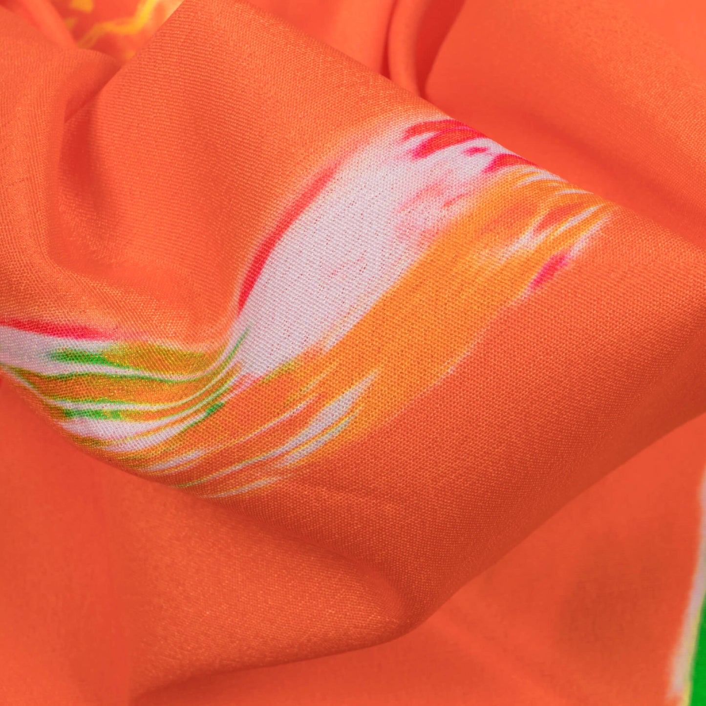 Orange And Multi-Color Leheriya Pattern Digital Print French Crepe Fabric - Fabcurate