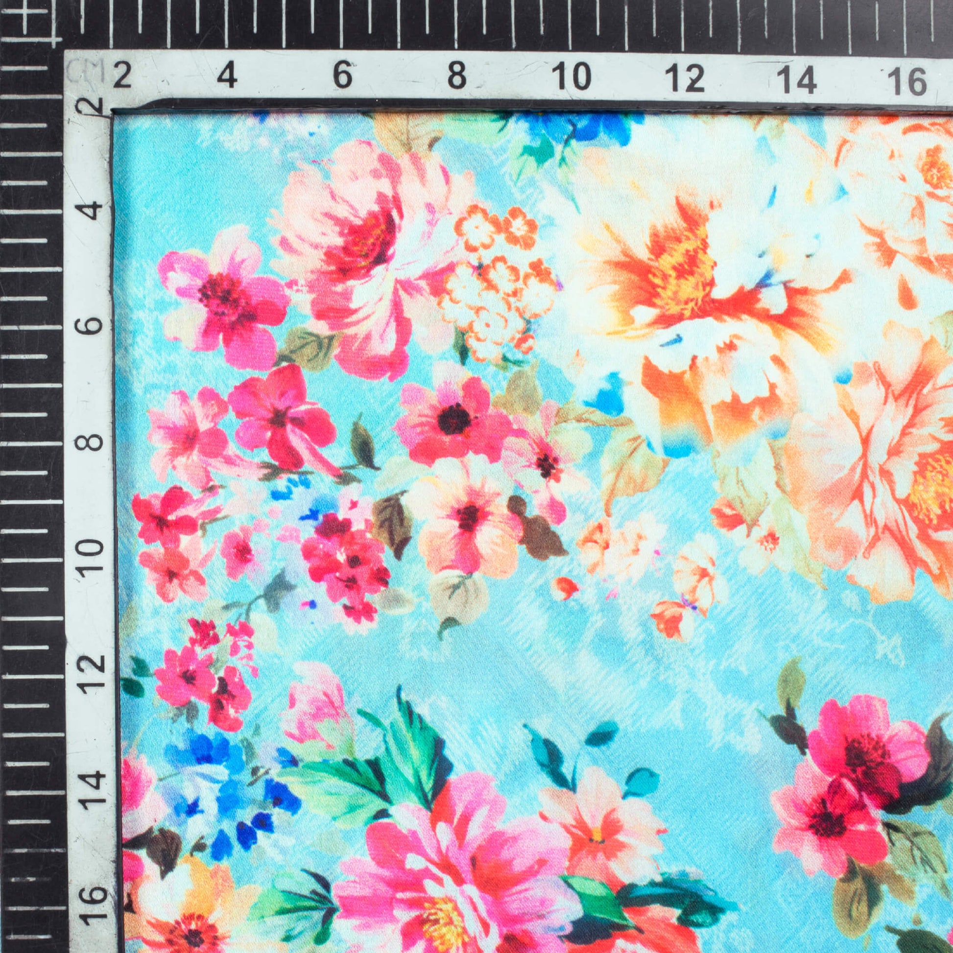 Sky Blue And Fuchsia Floral Pattern Digital Print Georgette Satin Fabric - Fabcurate