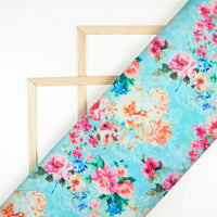 Sky Blue And Fuchsia Floral Pattern Digital Print Georgette Satin Fabric - Fabcurate