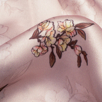 Beige And Peach Floral Pattern Digital Print Georgette Satin Fabric