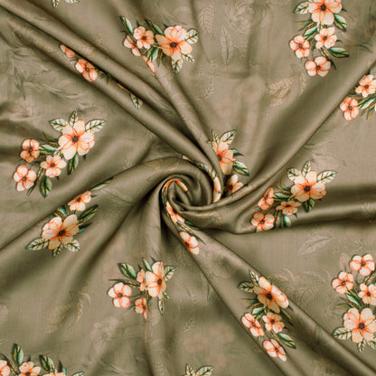 Mink Grey And Orange Floral Pattern Digital Print Georgette Satin Fabric - Fabcurate