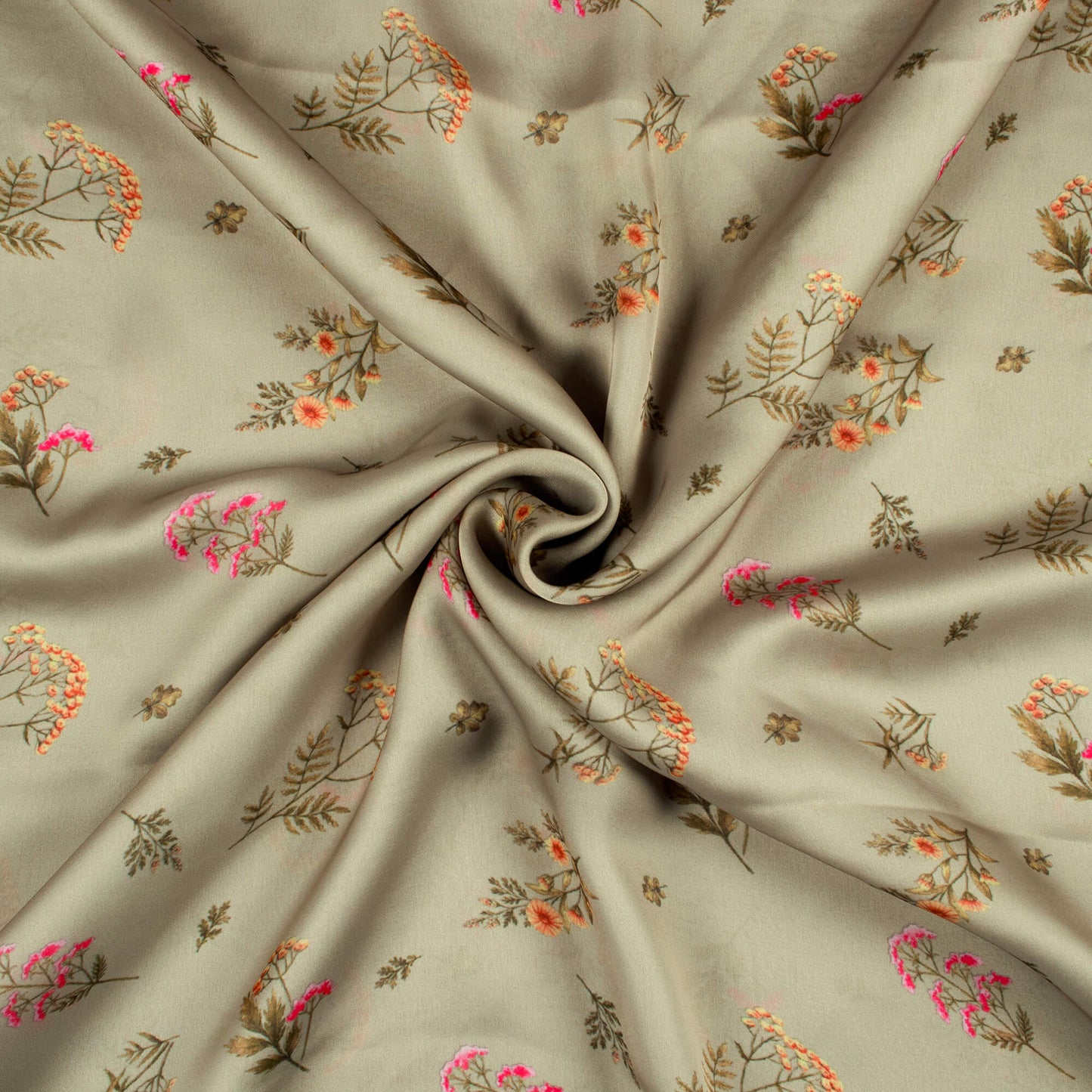 Pale Olive Green And Pink Floral Pattern Digital Print Georgette Satin Fabric