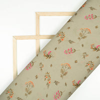 Pale Olive Green And Pink Floral Pattern Digital Print Georgette Satin Fabric