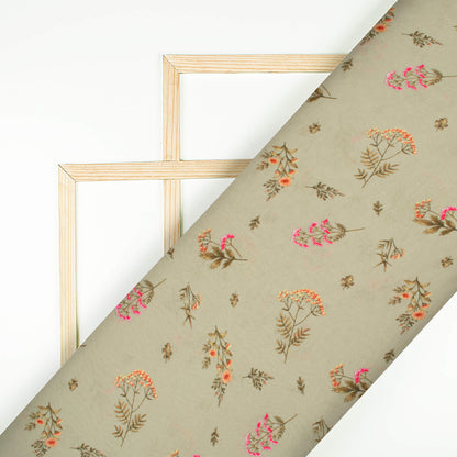 Pale Olive Green And Pink Floral Pattern Digital Print Georgette Satin Fabric