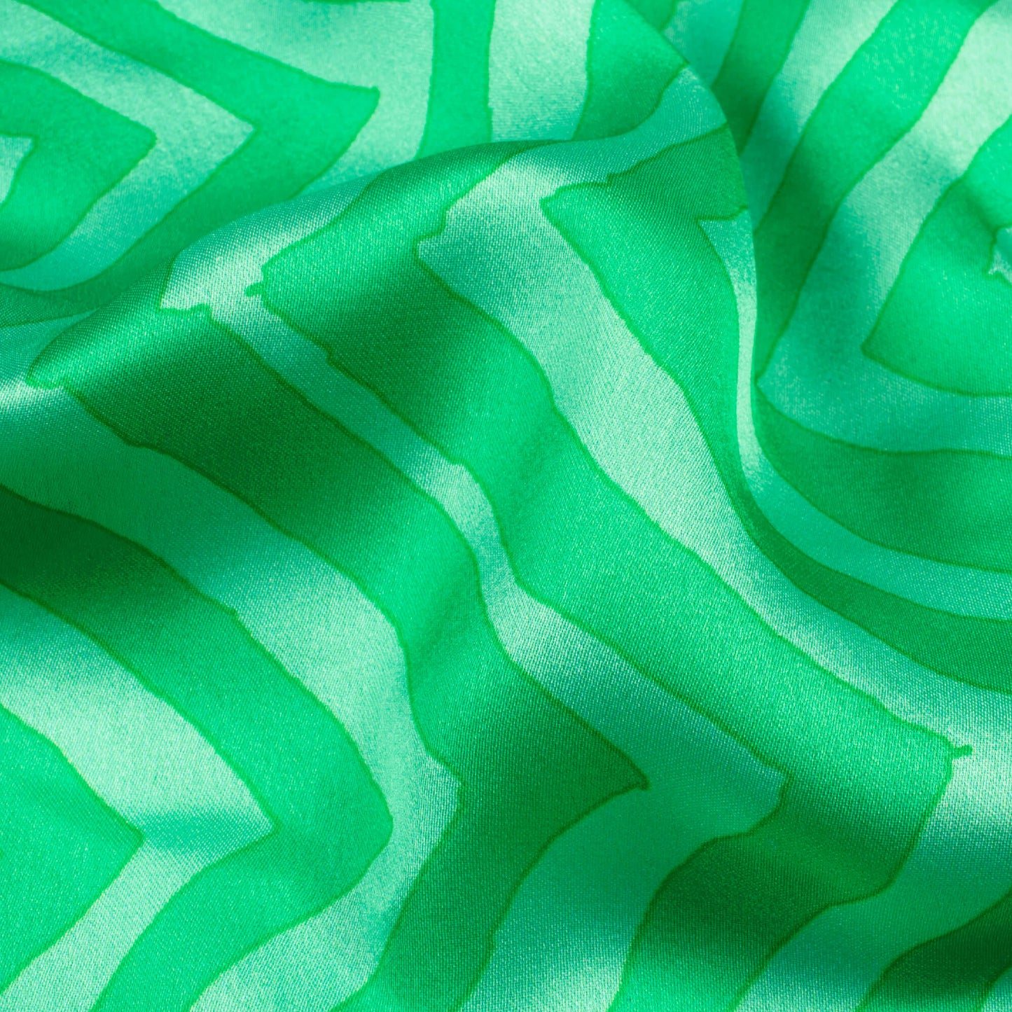 Green Chevron Pattern Digital Print Georgette Satin Fabric - Fabcurate