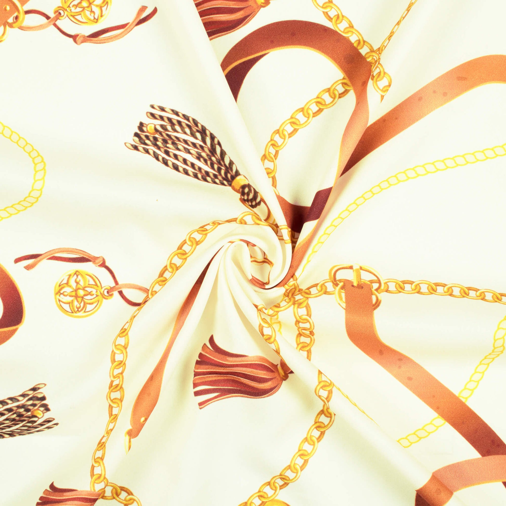 Ivory Cream And Brown Chain Pattern Digital Print American Crepe Fabric - Fabcurate