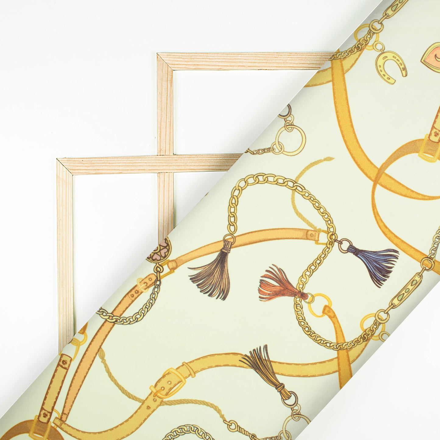 Cream And Ochre Yellow Chain Pattern Digital Print American Crepe Fabric - Fabcurate