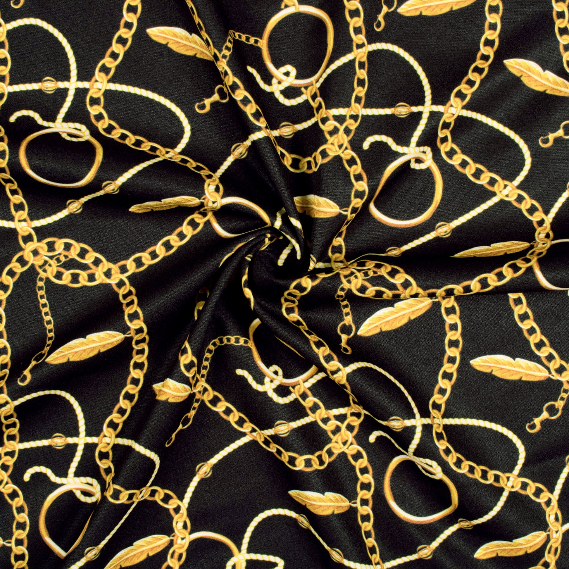 Black And Mustard Yellow Chain Pattern Digital Print American Crepe Fabric - Fabcurate