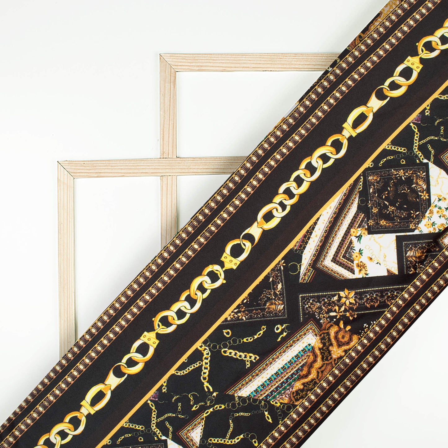 Black And Pastel Orange Chain Pattern Digital Print Japan Satin Fabric