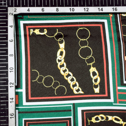 Black And Green Chain Pattern Digital Print Japan Satin Fabric - Fabcurate