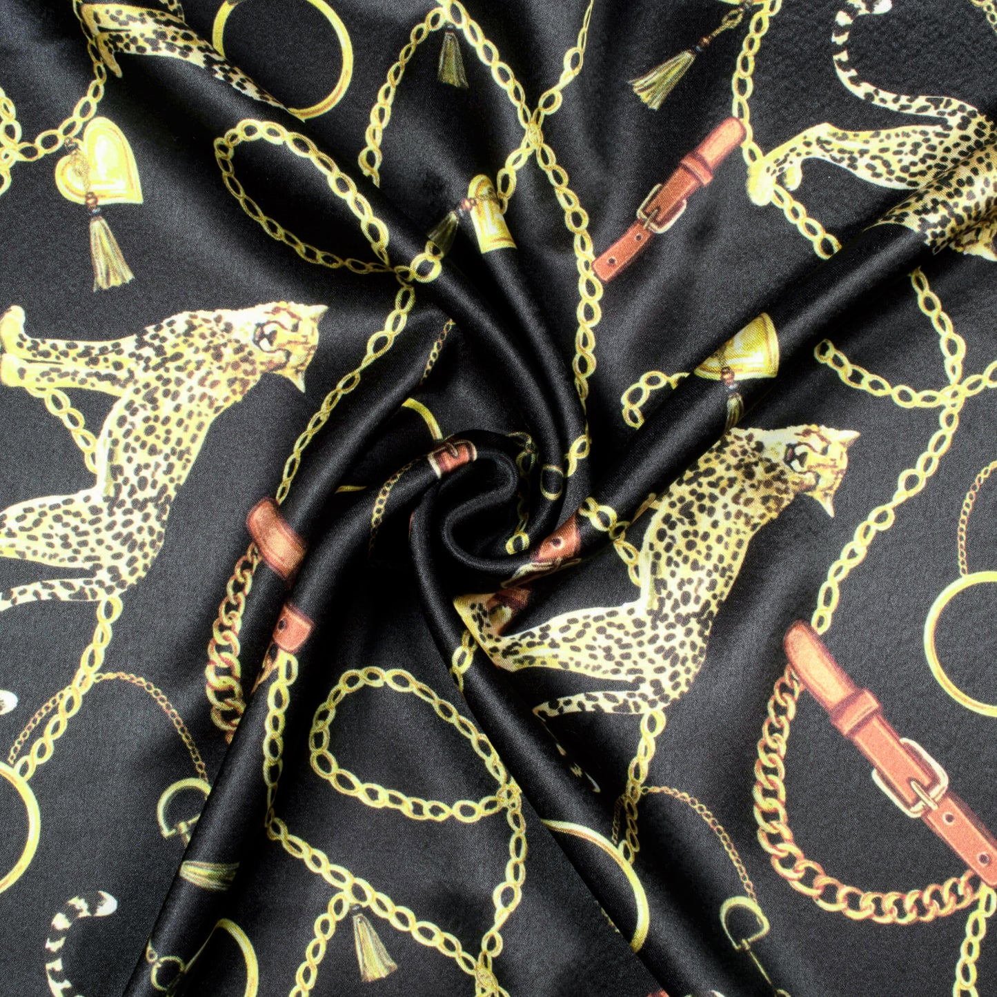 Black And Tiger Yellow Chain Pattern Digital Print Japan Satin Fabric - Fabcurate