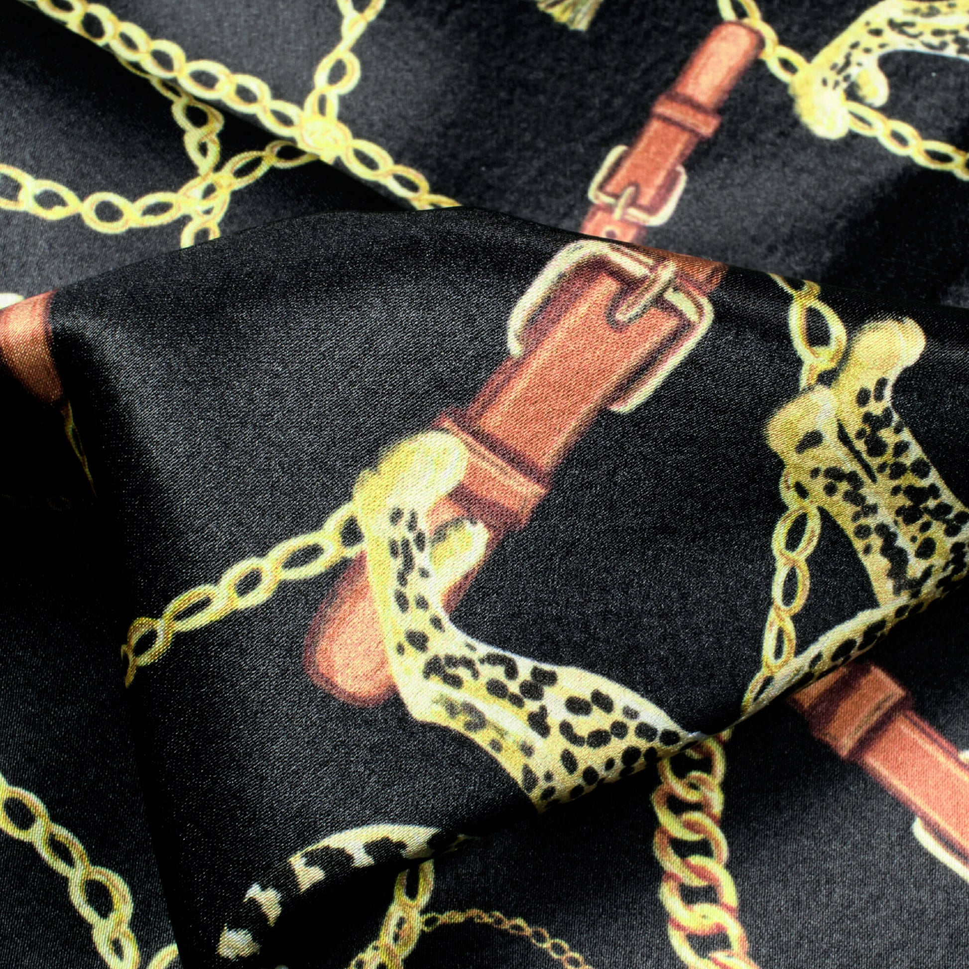 Black And Tiger Yellow Chain Pattern Digital Print Japan Satin Fabric - Fabcurate