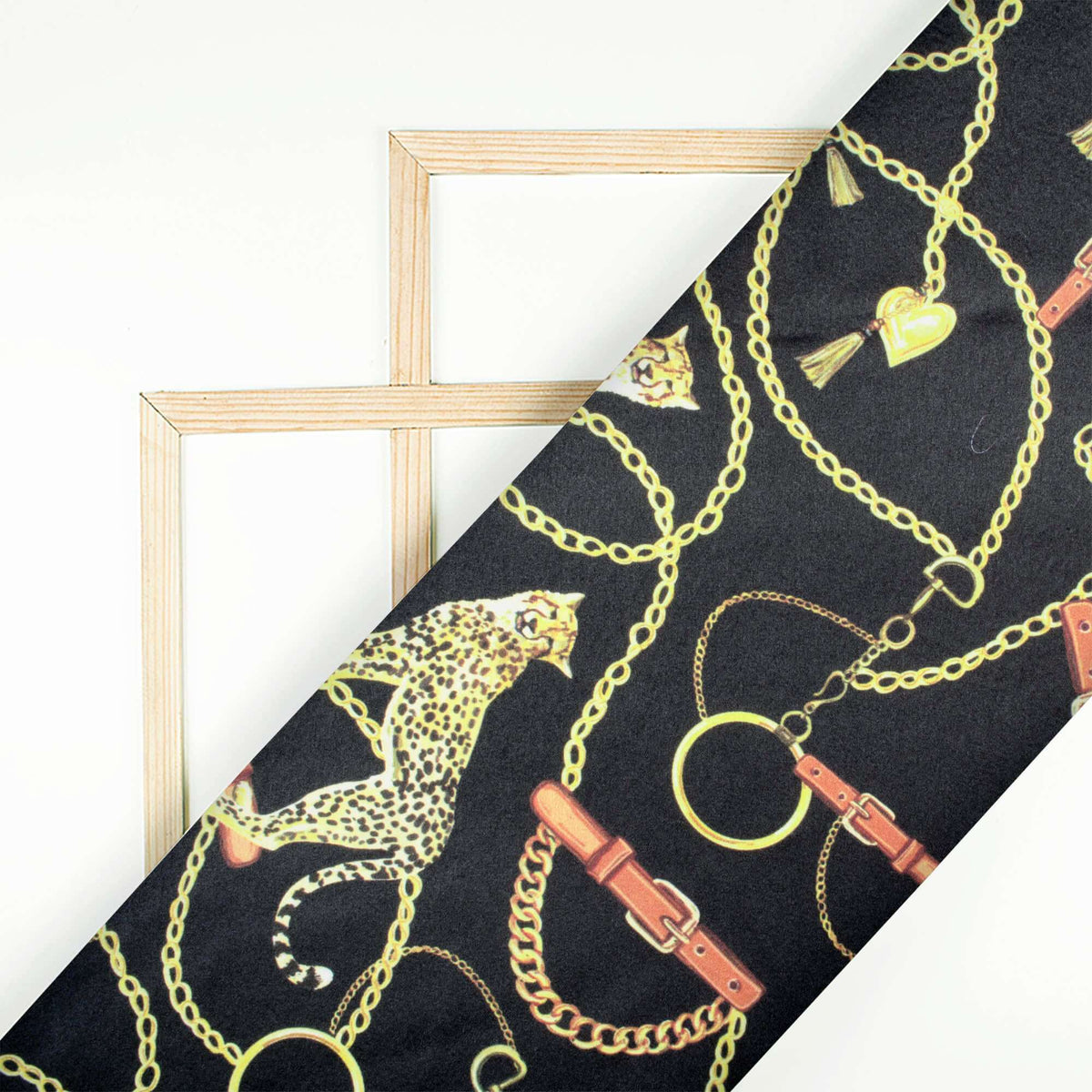 Black And Tiger Yellow Chain Pattern Digital Print Japan Satin Fabric - Fabcurate