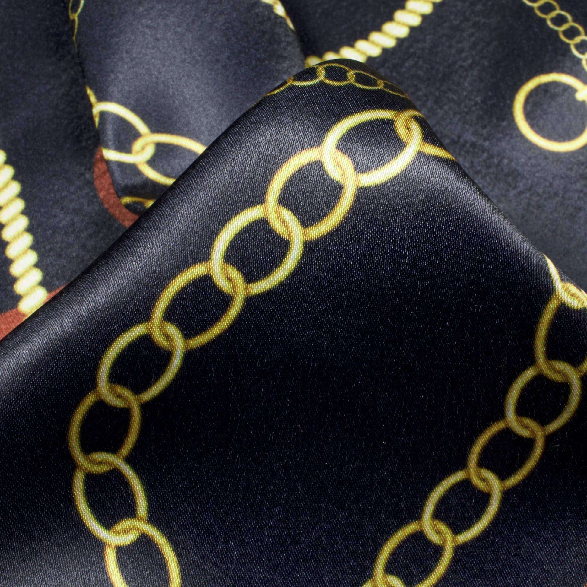 Navy Blue And Yellow Chain Pattern Digital Print Japan Satin Fabric - Fabcurate