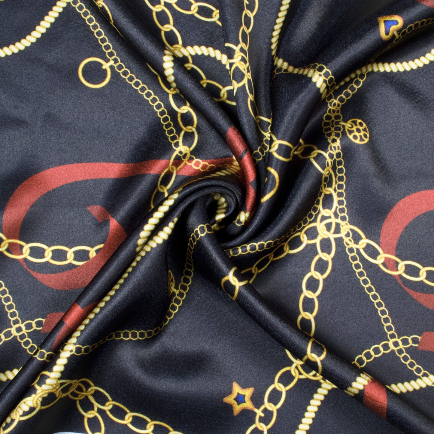 Navy Blue And Yellow Chain Pattern Digital Print Japan Satin Fabric - Fabcurate