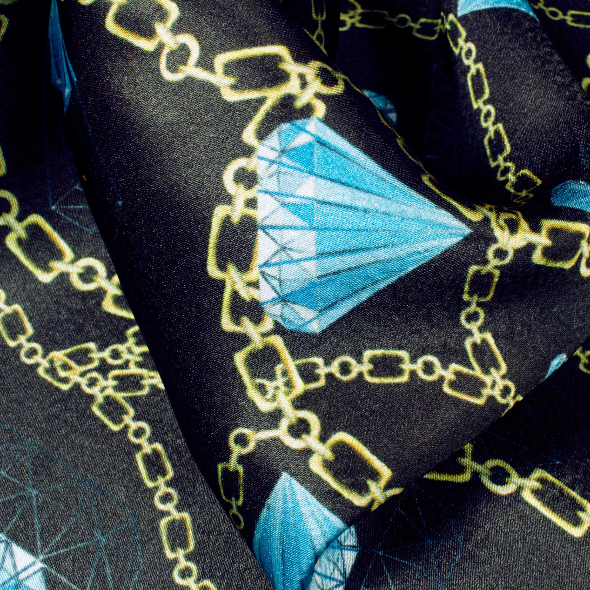 Black And Sky Blue Chain Pattern Digital Print Japan Satin Fabric - Fabcurate