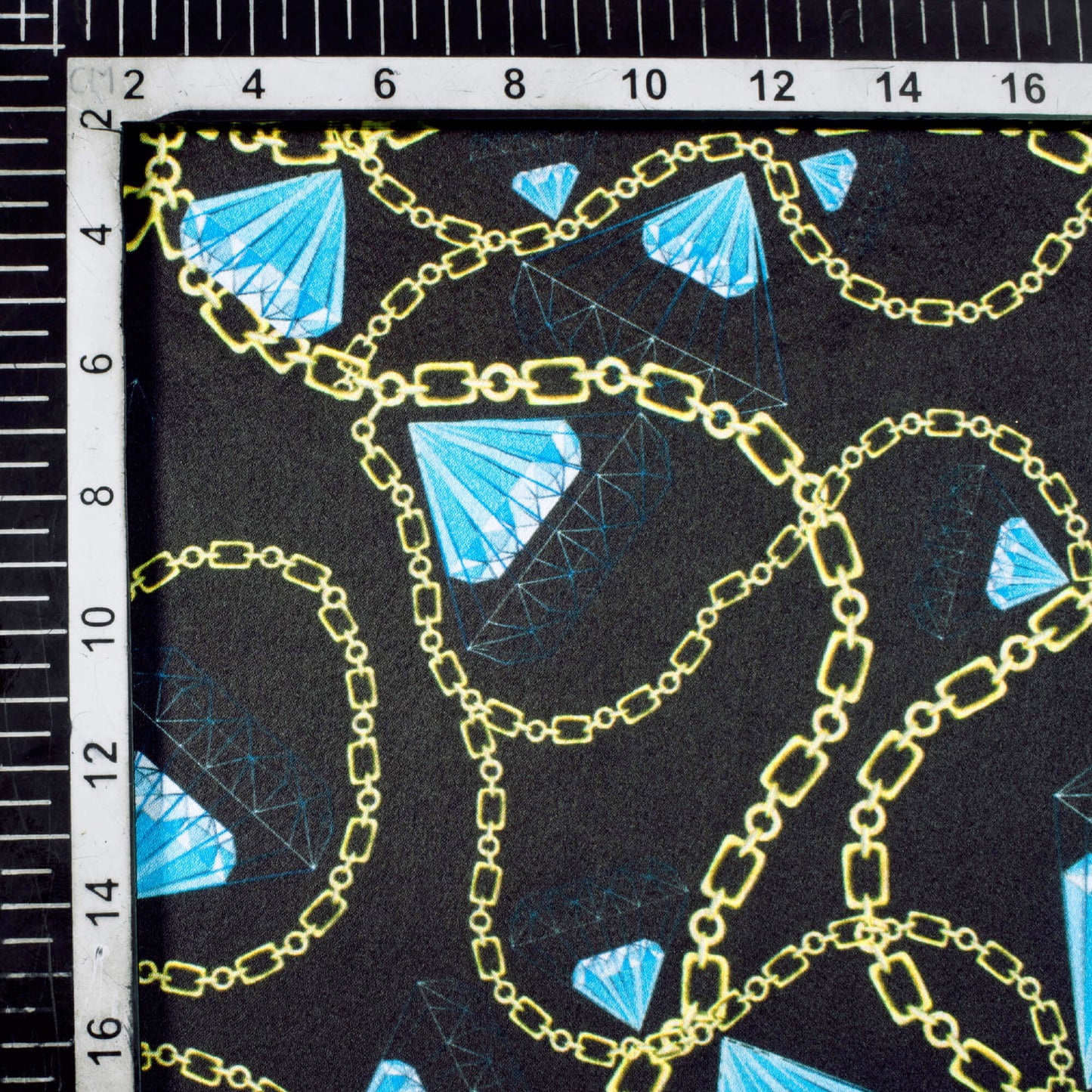 Black And Sky Blue Chain Pattern Digital Print Japan Satin Fabric - Fabcurate