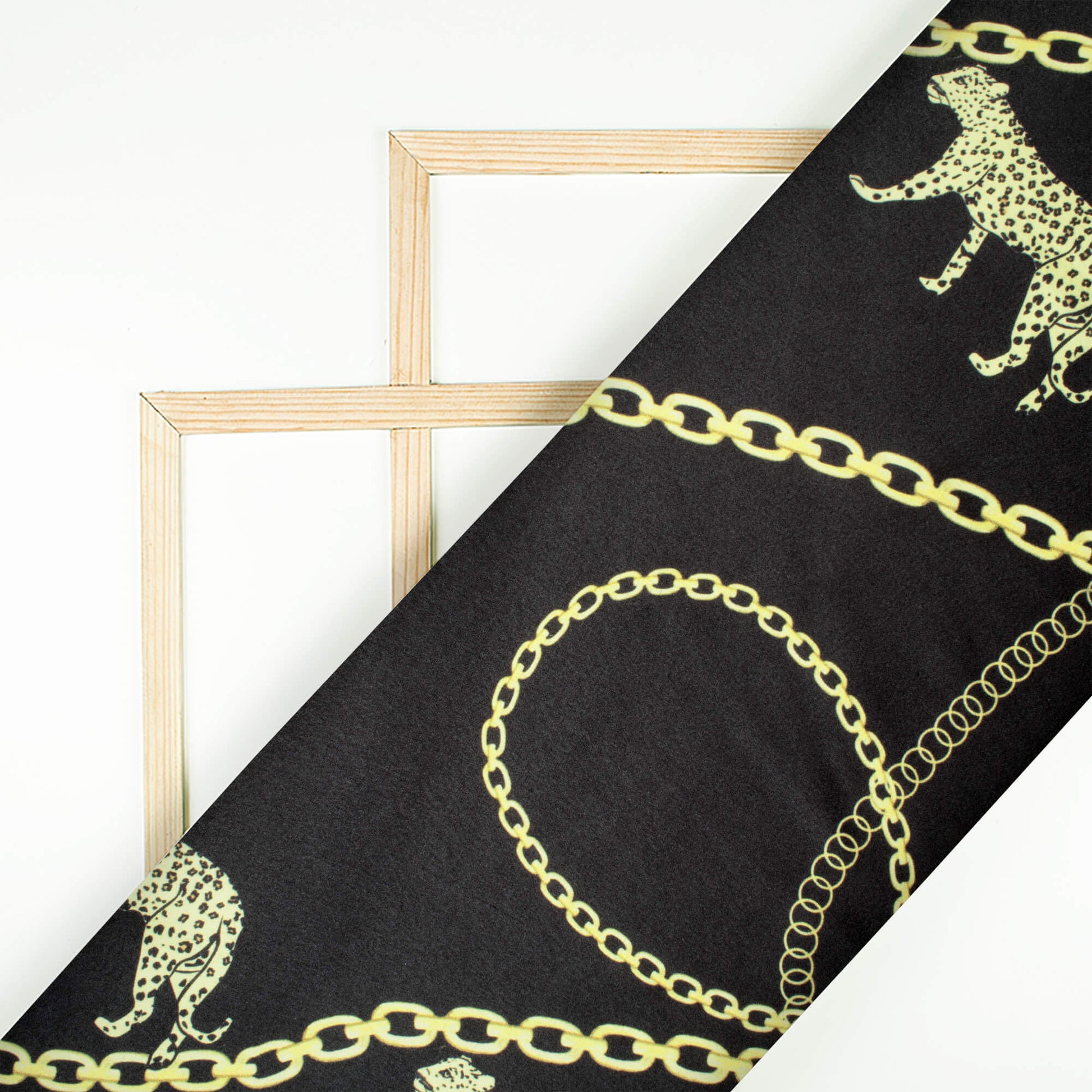 Black And Laguna Yellow Chain Pattern Digital Print Japan Satin Fabric - Fabcurate