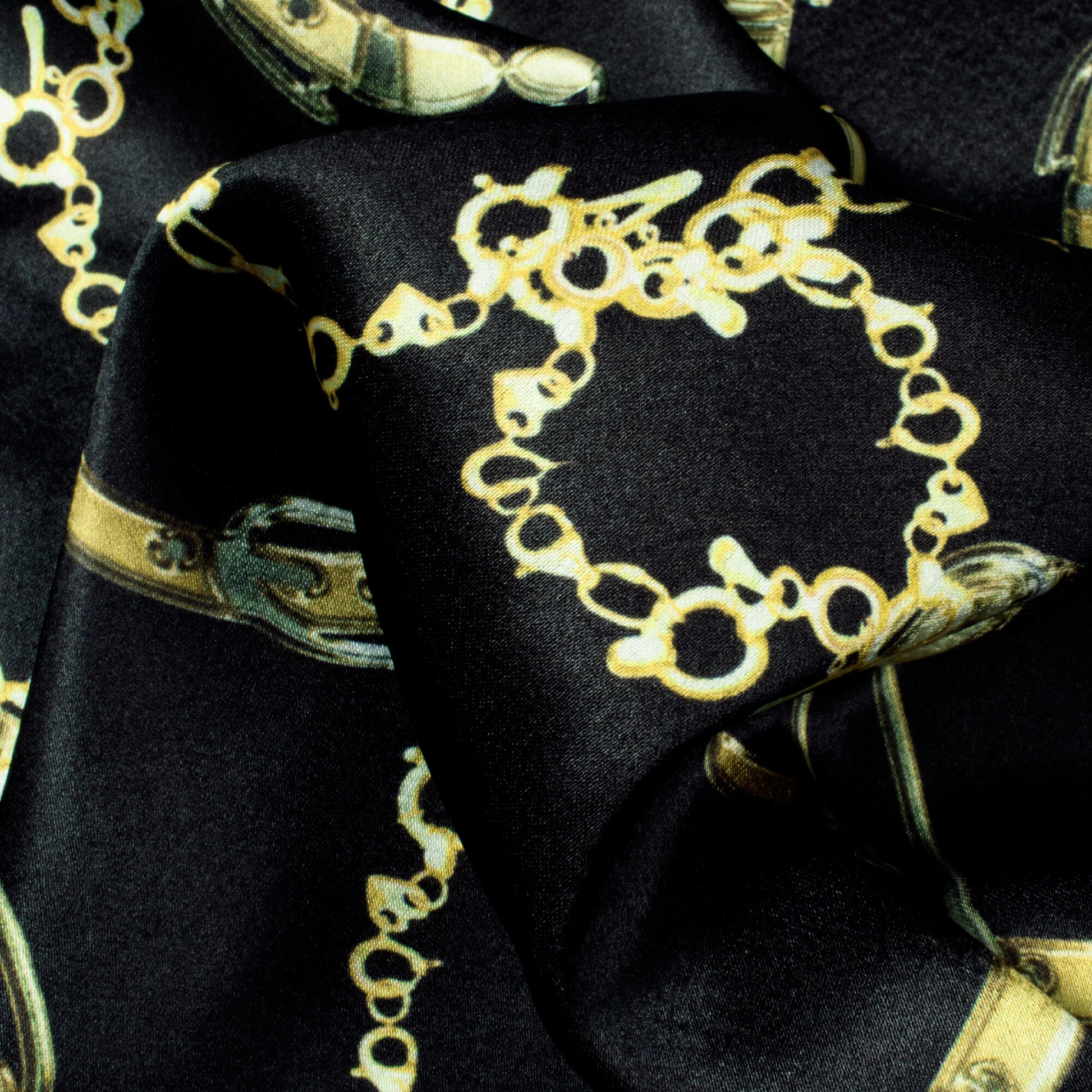 Black And Mellow Yellow Chain Pattern Digital Print Japan Satin Fabric - Fabcurate
