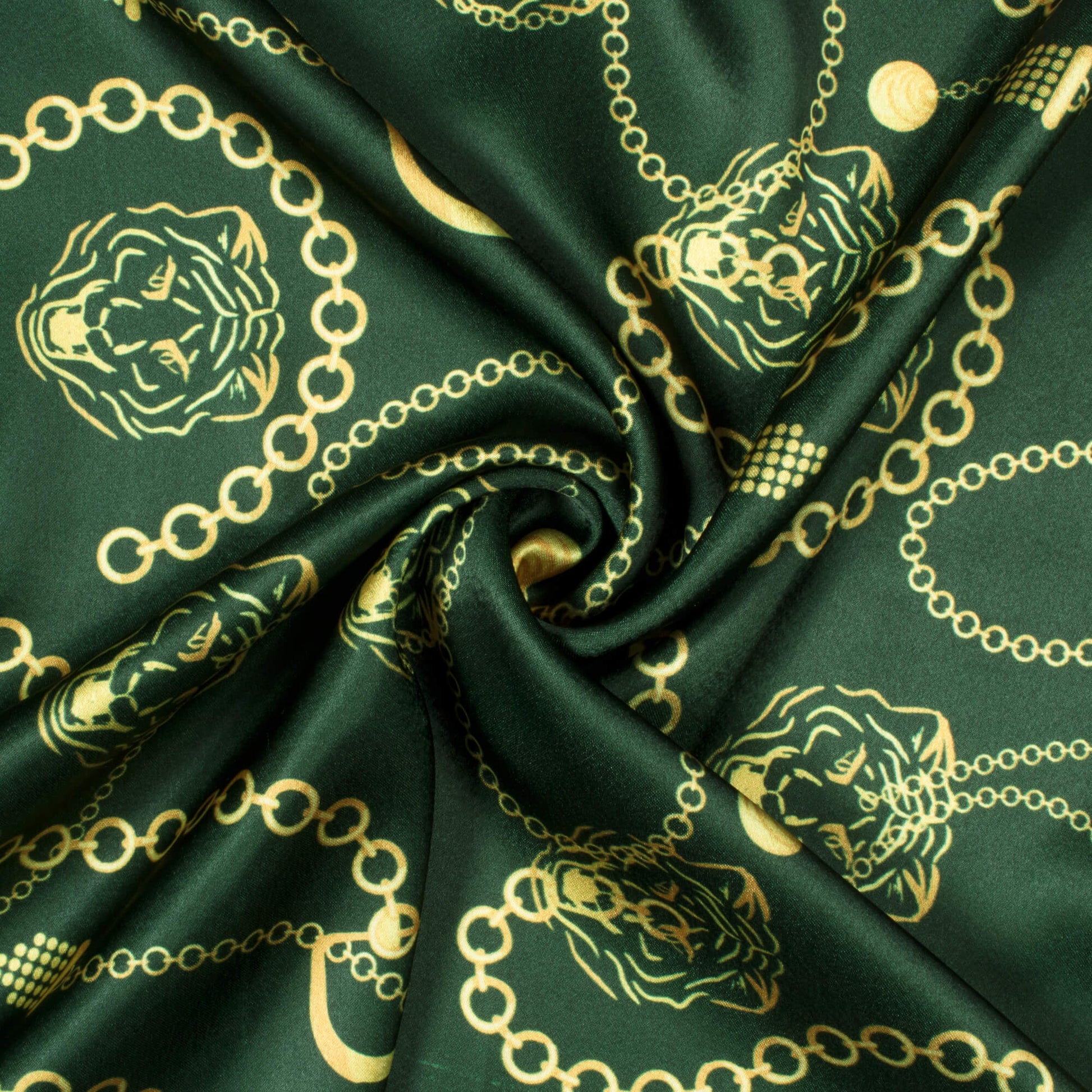 Green And Yellow Chain Pattern Digital Print Japan Satin Fabric - Fabcurate