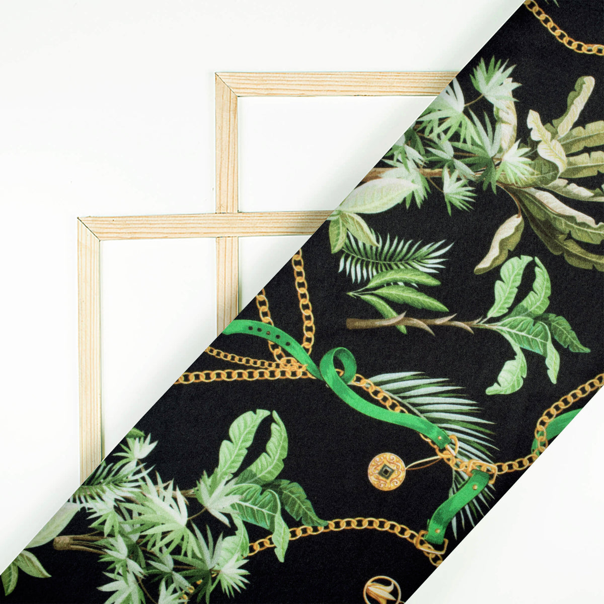 Black And Green Chain Pattern Digital Print Japan Satin Fabric - Fabcurate