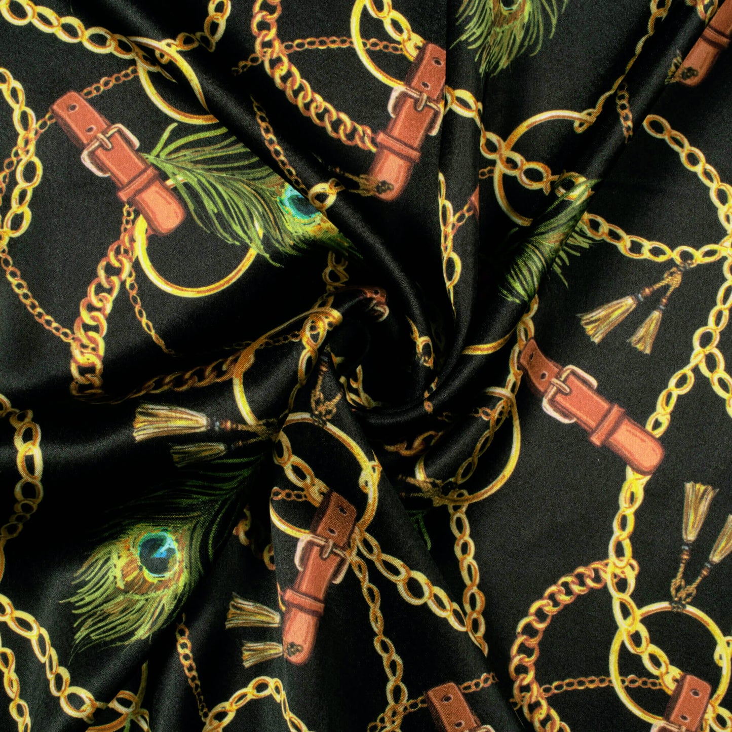 Black And Gold Yellow Chain Pattern Digital Print Japan Satin Fabric