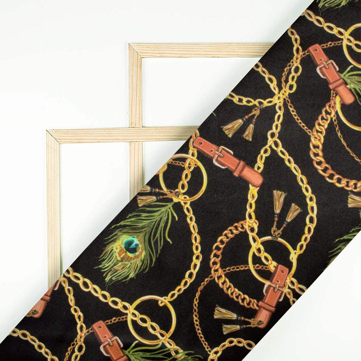 Black And Gold Yellow Chain Pattern Digital Print Japan Satin Fabric
