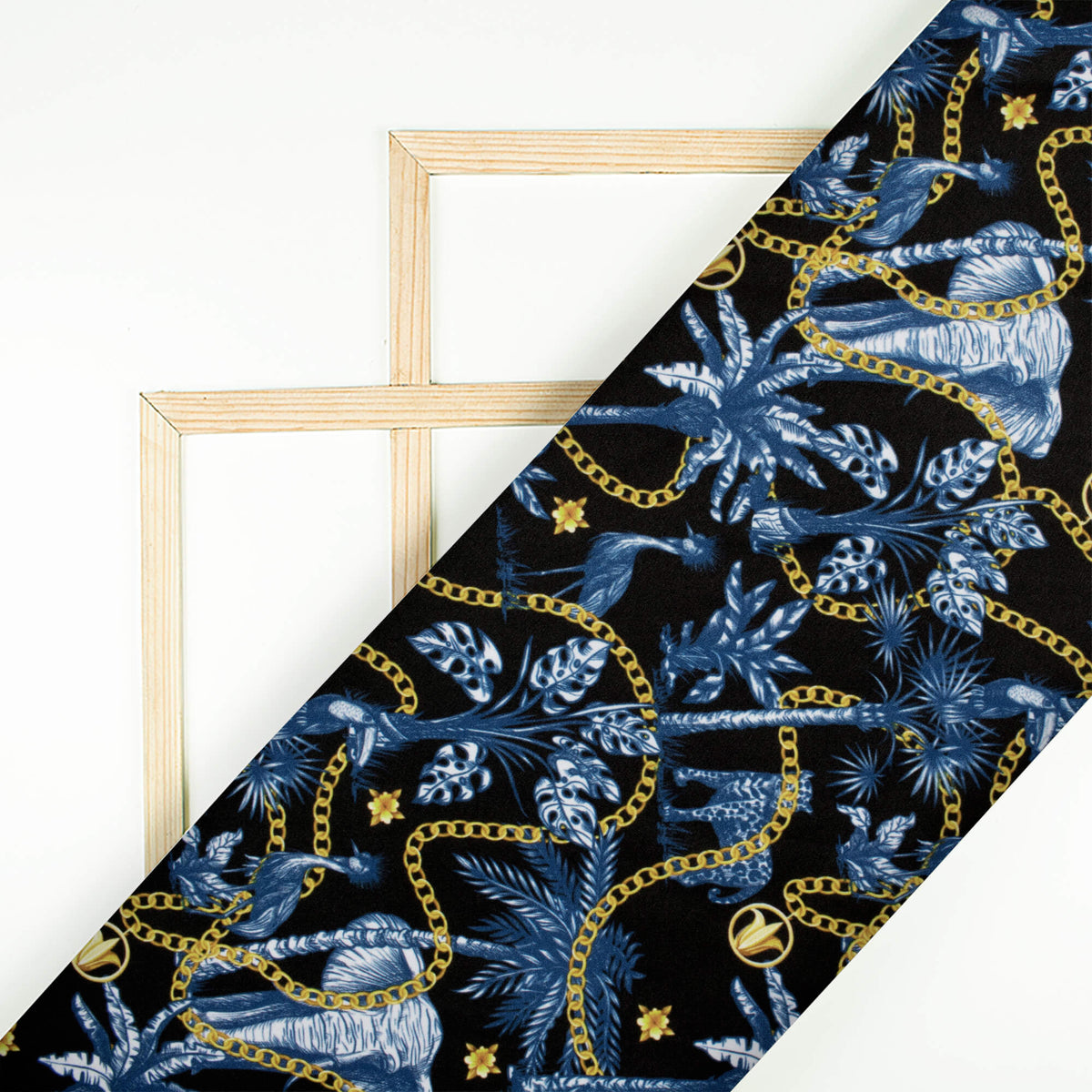 Black And Royal Blue Chain Pattern Digital Print American Crepe Fabric - Fabcurate
