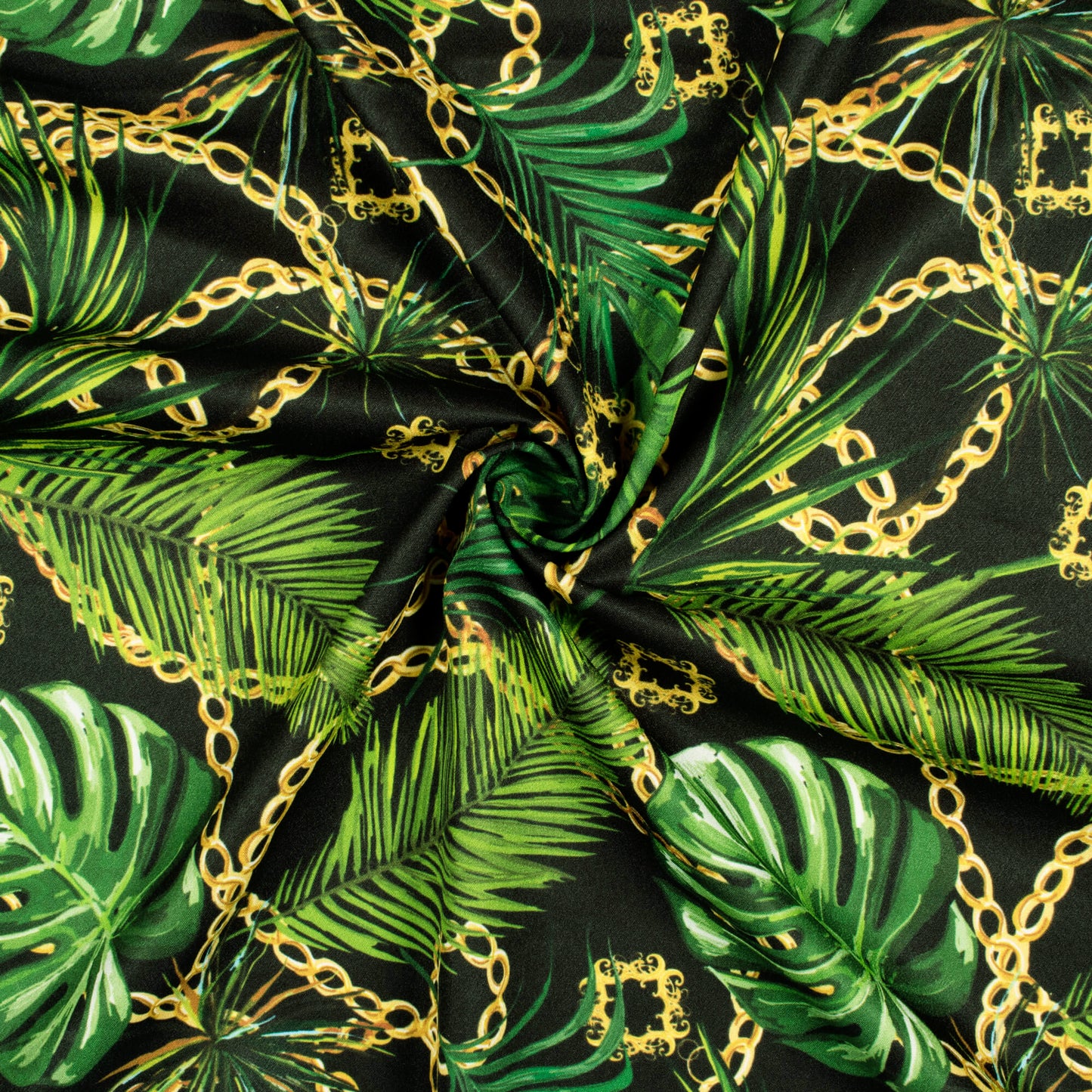 Black And Green Chain Pattern Digital Print American Crepe Fabric - Fabcurate