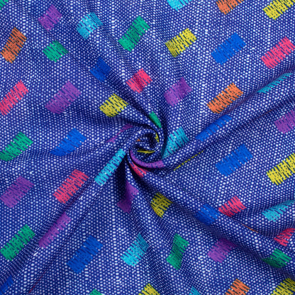 Royal Blue And Orange Denim Pattern Digital Print Rayon Fabric - Fabcurate