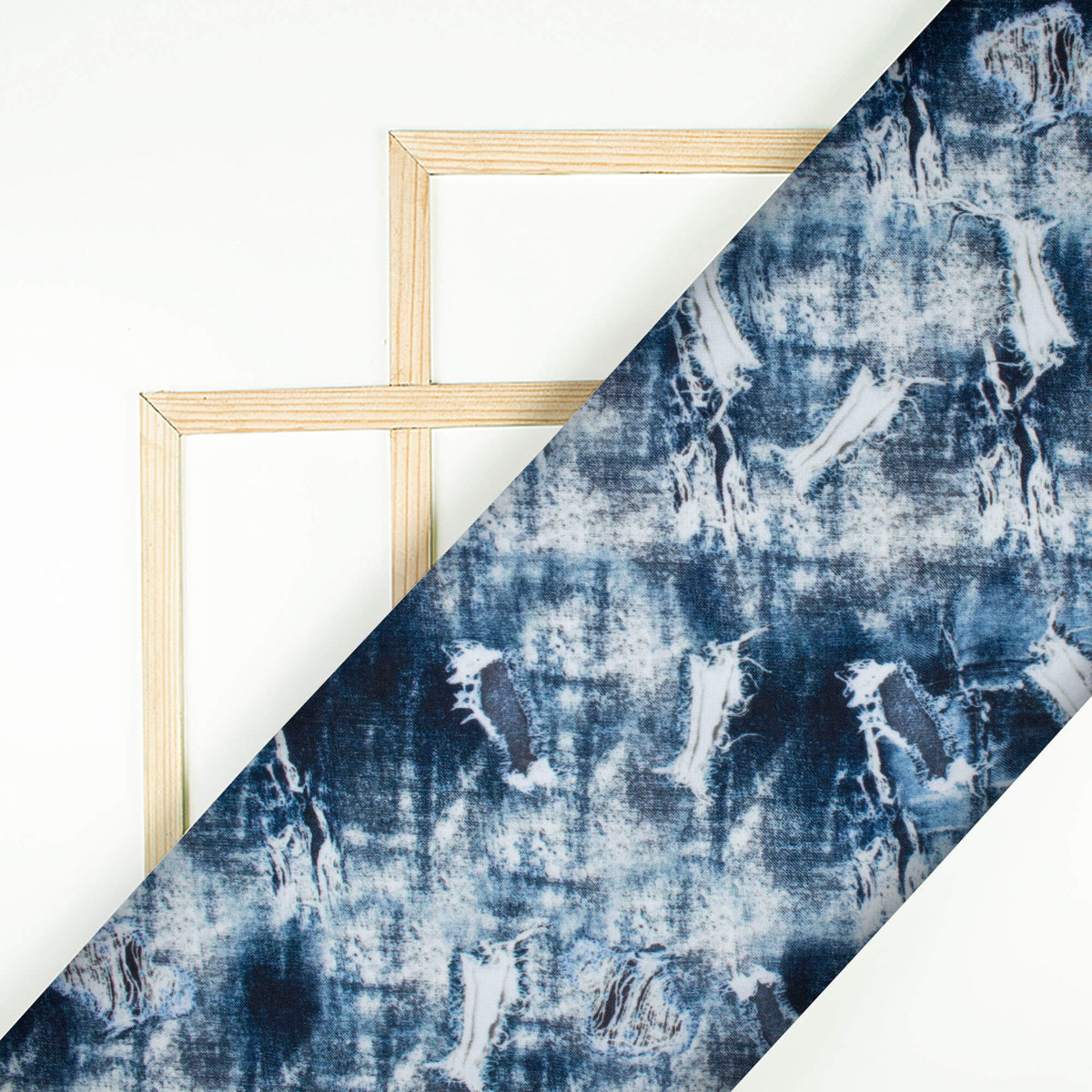 Navy Blue And Cream Denim Pattern Digital Print Rayon Fabric - Fabcurate