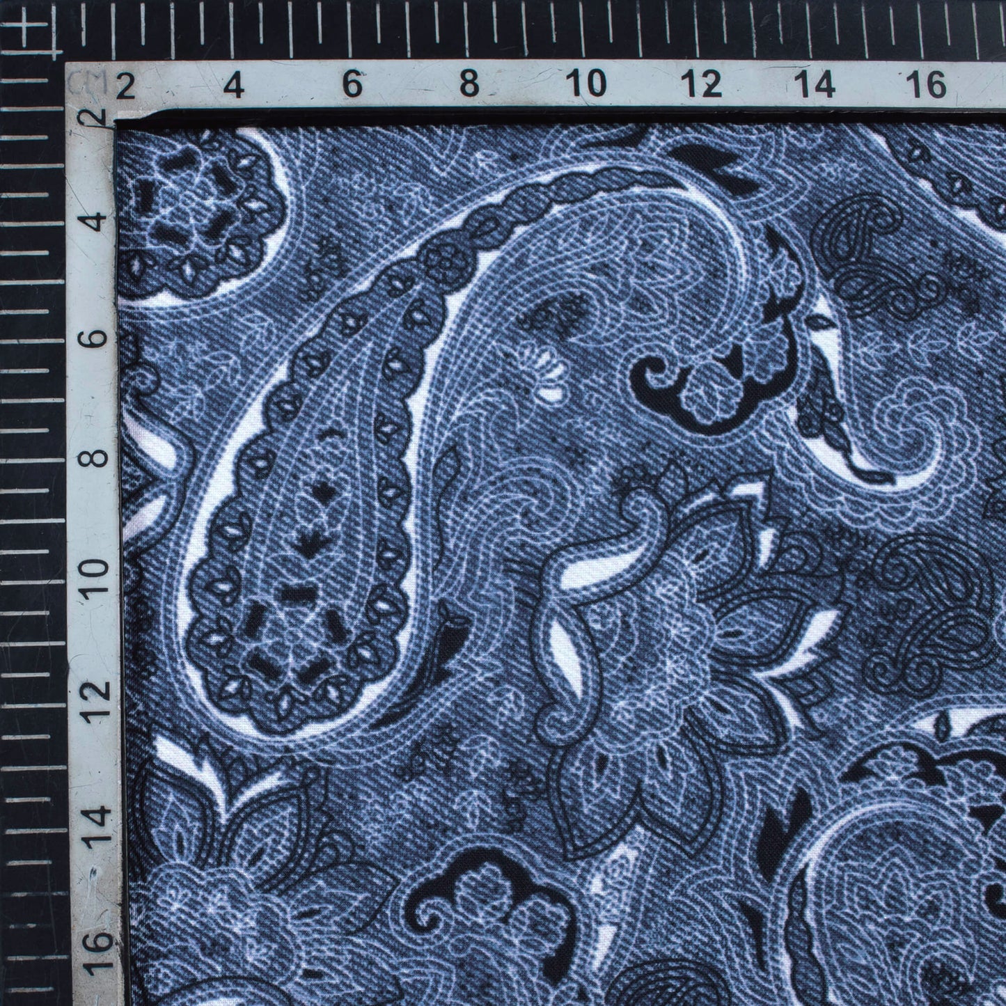 Yale Blue And Snow White Denim Pattern Digital Print Rayon Fabric