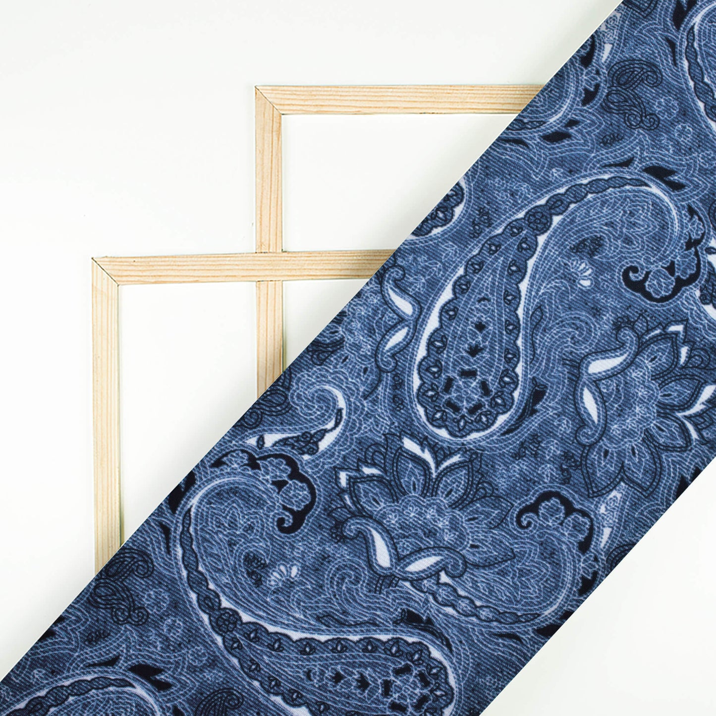 Yale Blue And Snow White Denim Pattern Digital Print Rayon Fabric