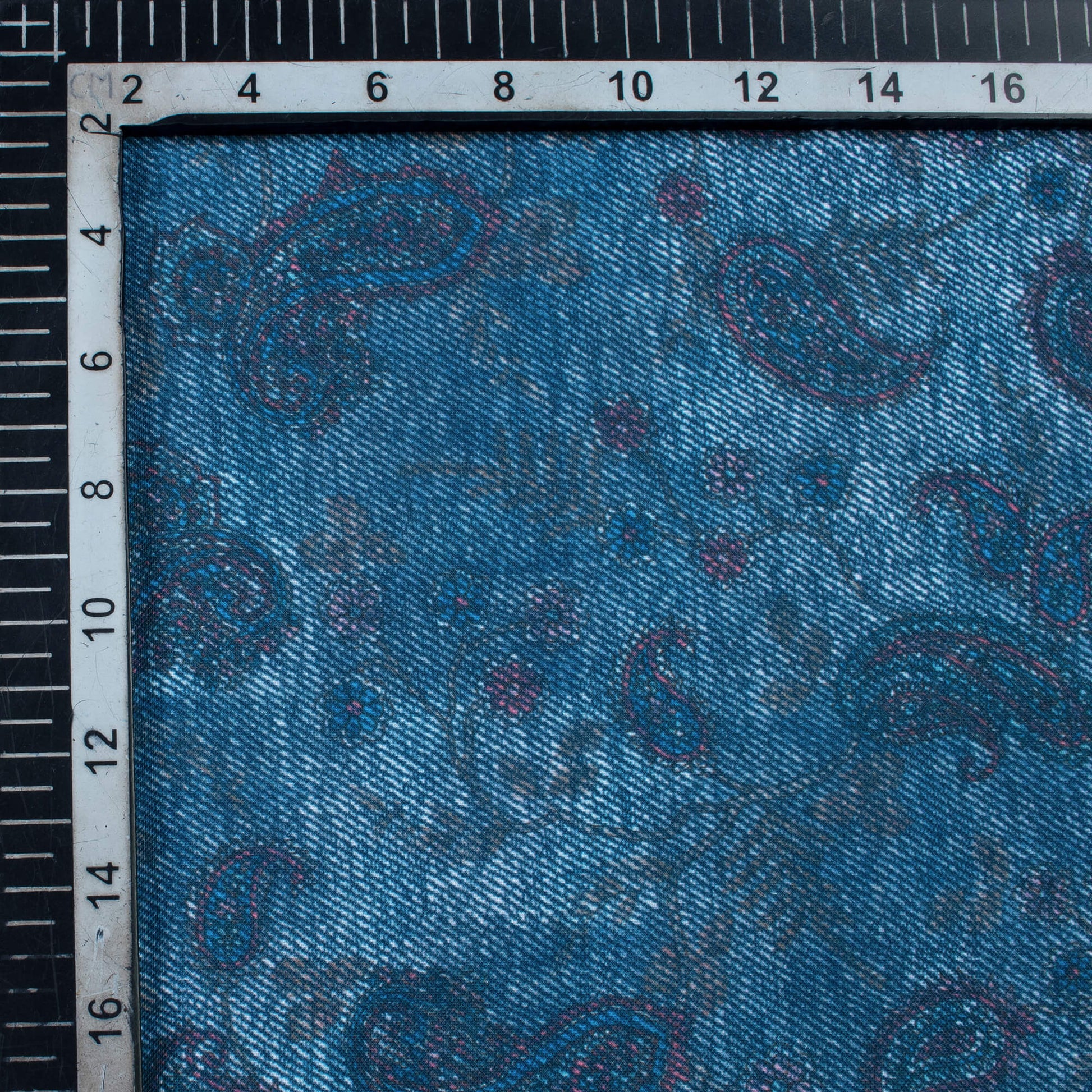 Yale Blue And Red Denim Pattern Digital Print Rayon Fabric - Fabcurate