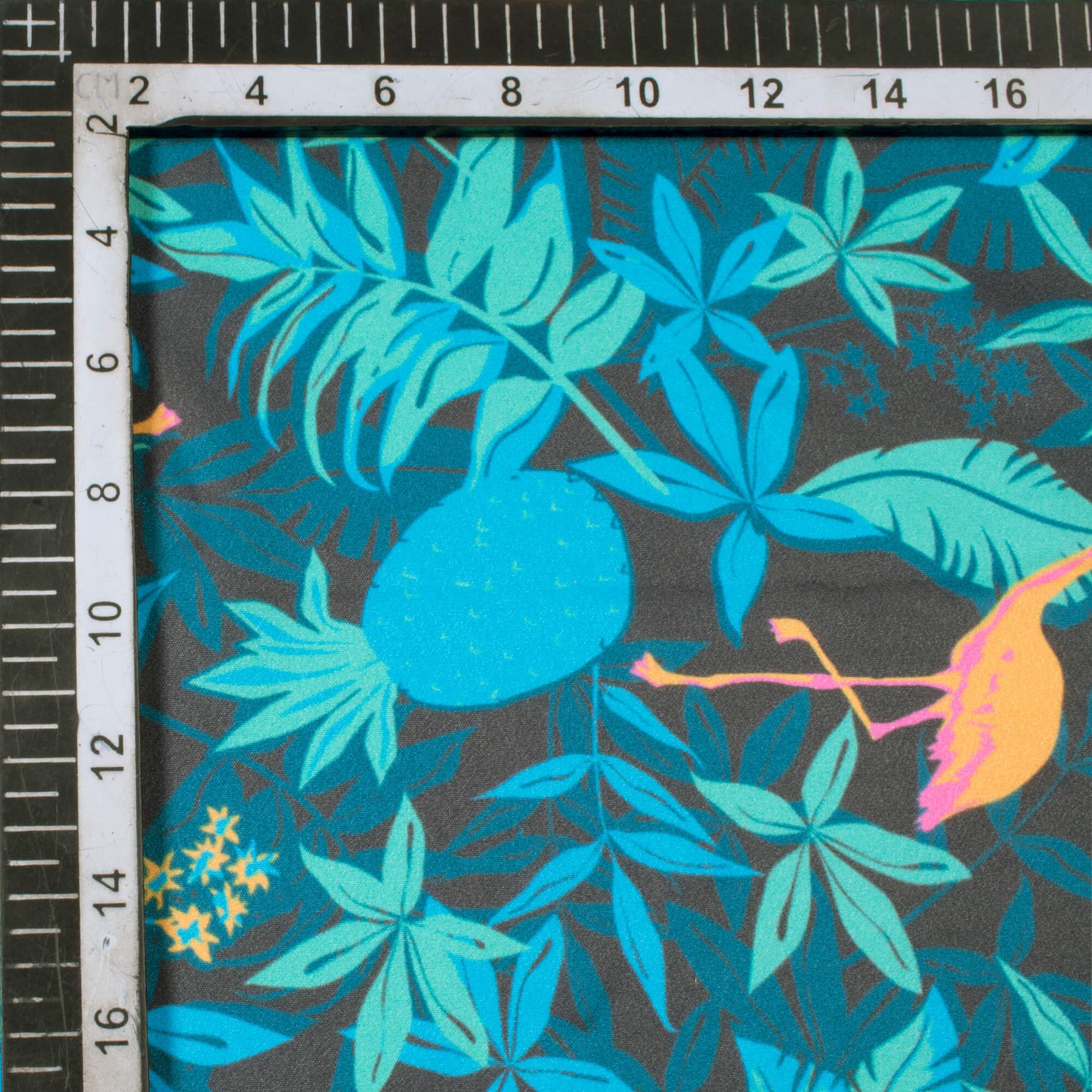 Black And Azure Blue Tropical Pattern Digital Print American Crepe Fabric - Fabcurate