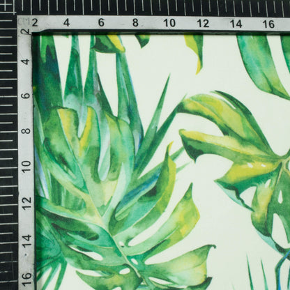 Snow White And Green Tropical Pattern Digital Print Georgette Fabric