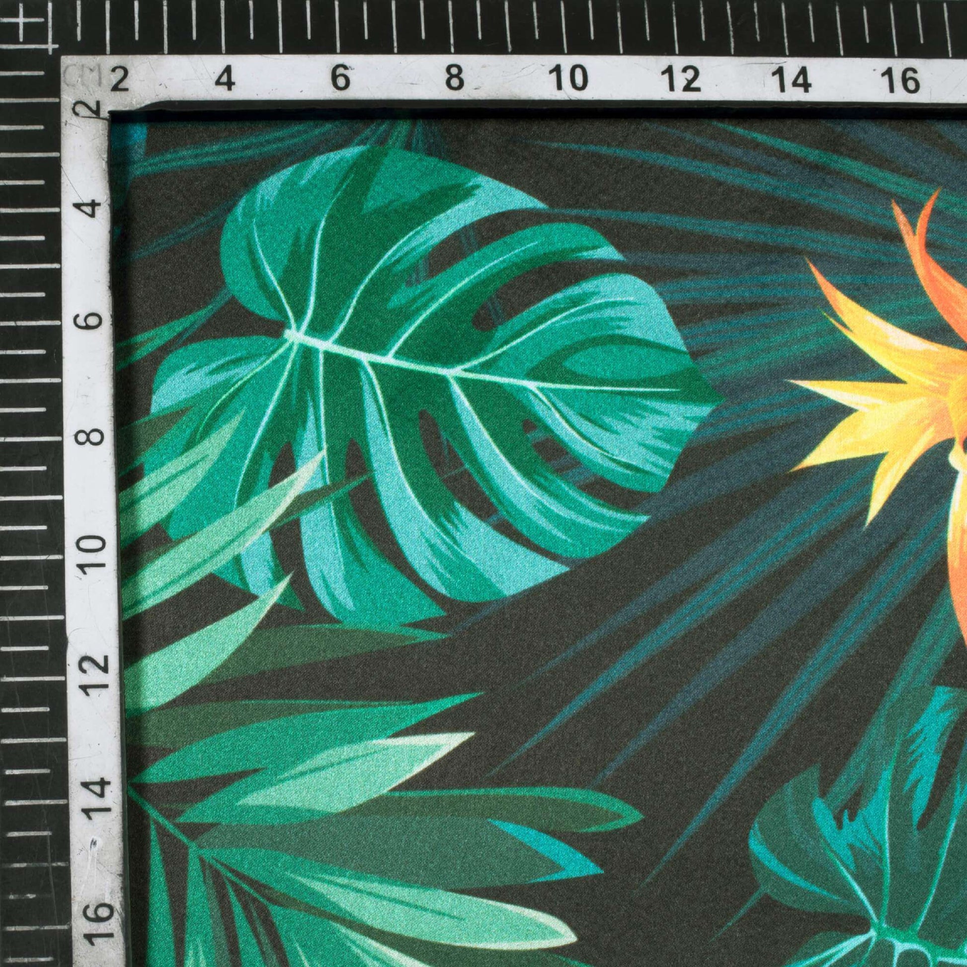 Black And Green Tropical Pattern Digital Print Japan Satin Fabric - Fabcurate