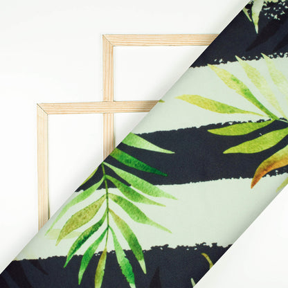 Oyster White And Black Tropical Pattern Digital Print American Crepe Fabric - Fabcurate