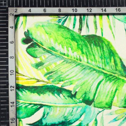 Oyster White And Green Tropical Pattern Digital Print Japan Satin Fabric - Fabcurate