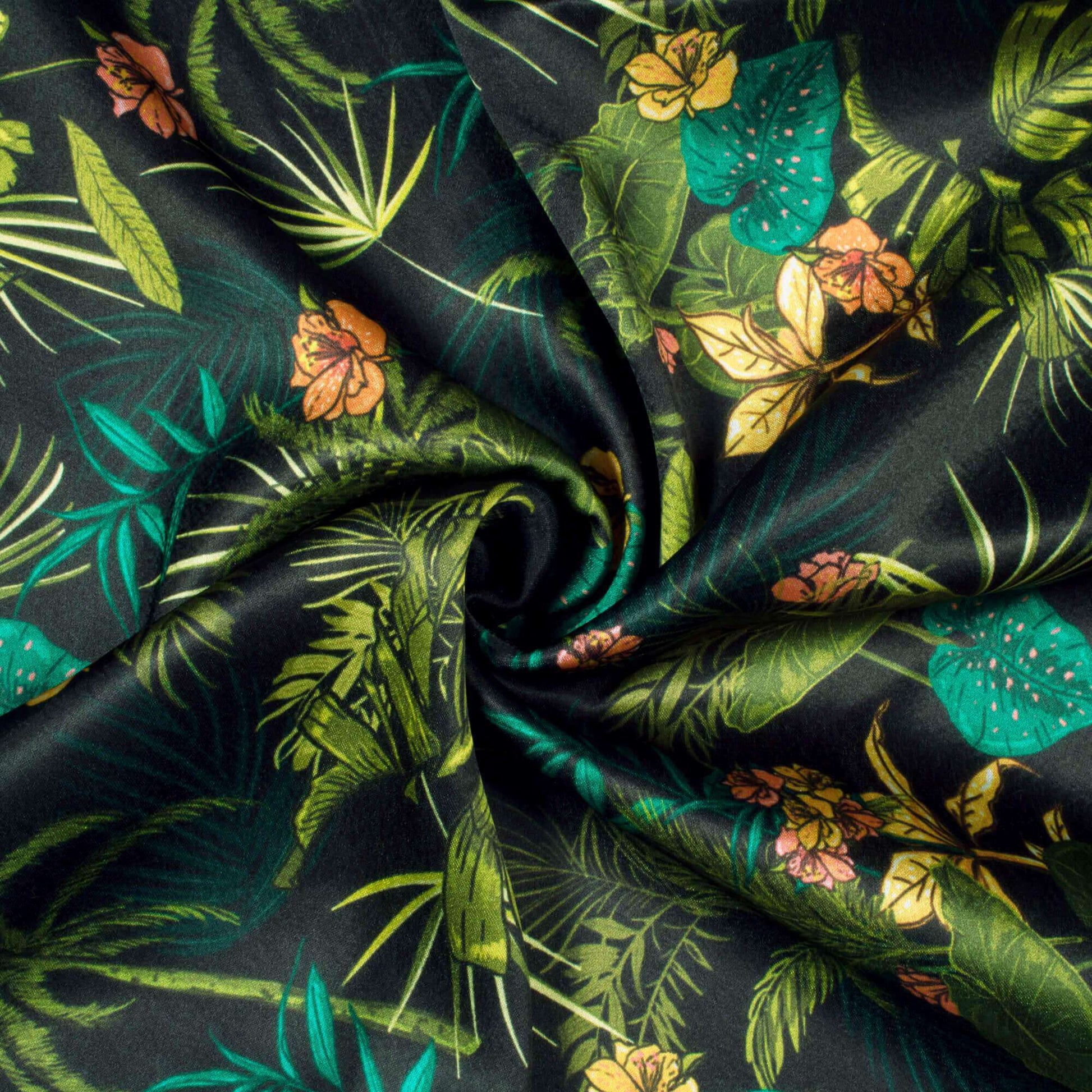 Black And Olive Green Tropical Pattern Digital Print Japan Satin Fabric - Fabcurate