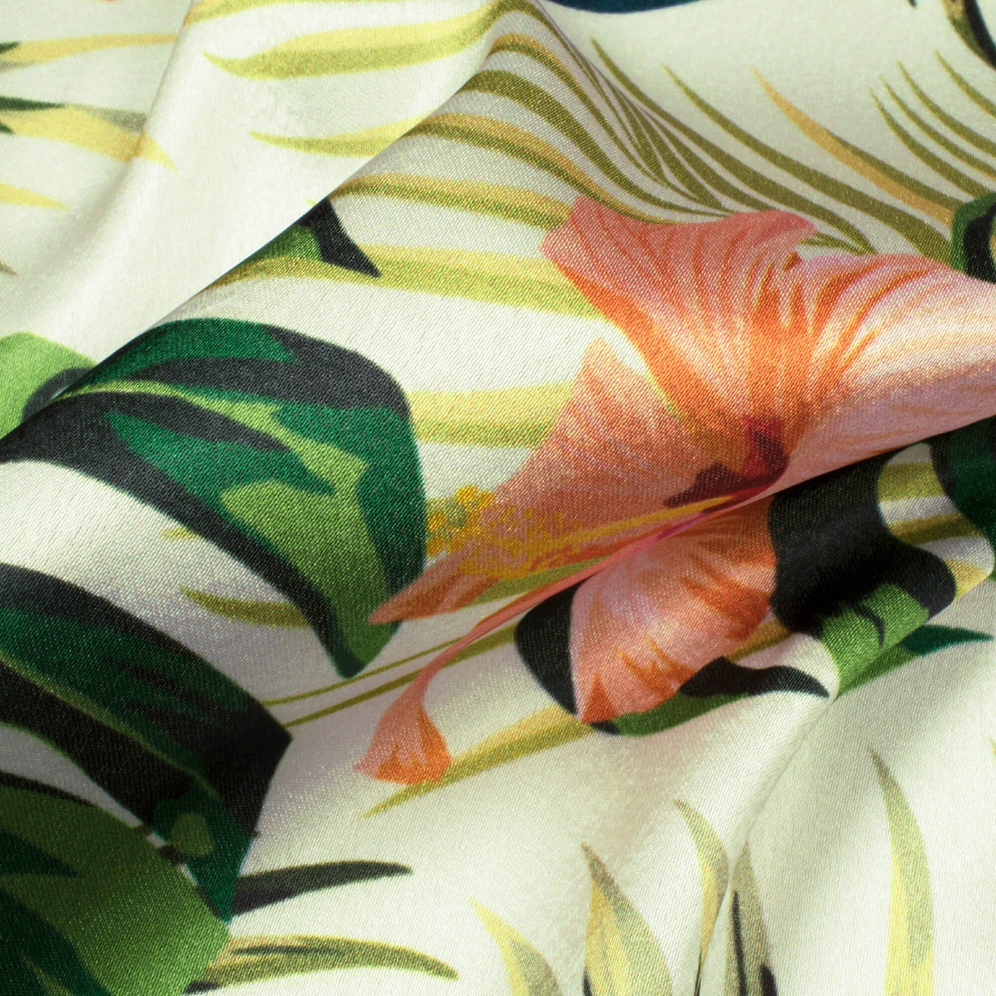 Oyster White And Peach Tropical Pattern Digital Print Japan Satin Fabric