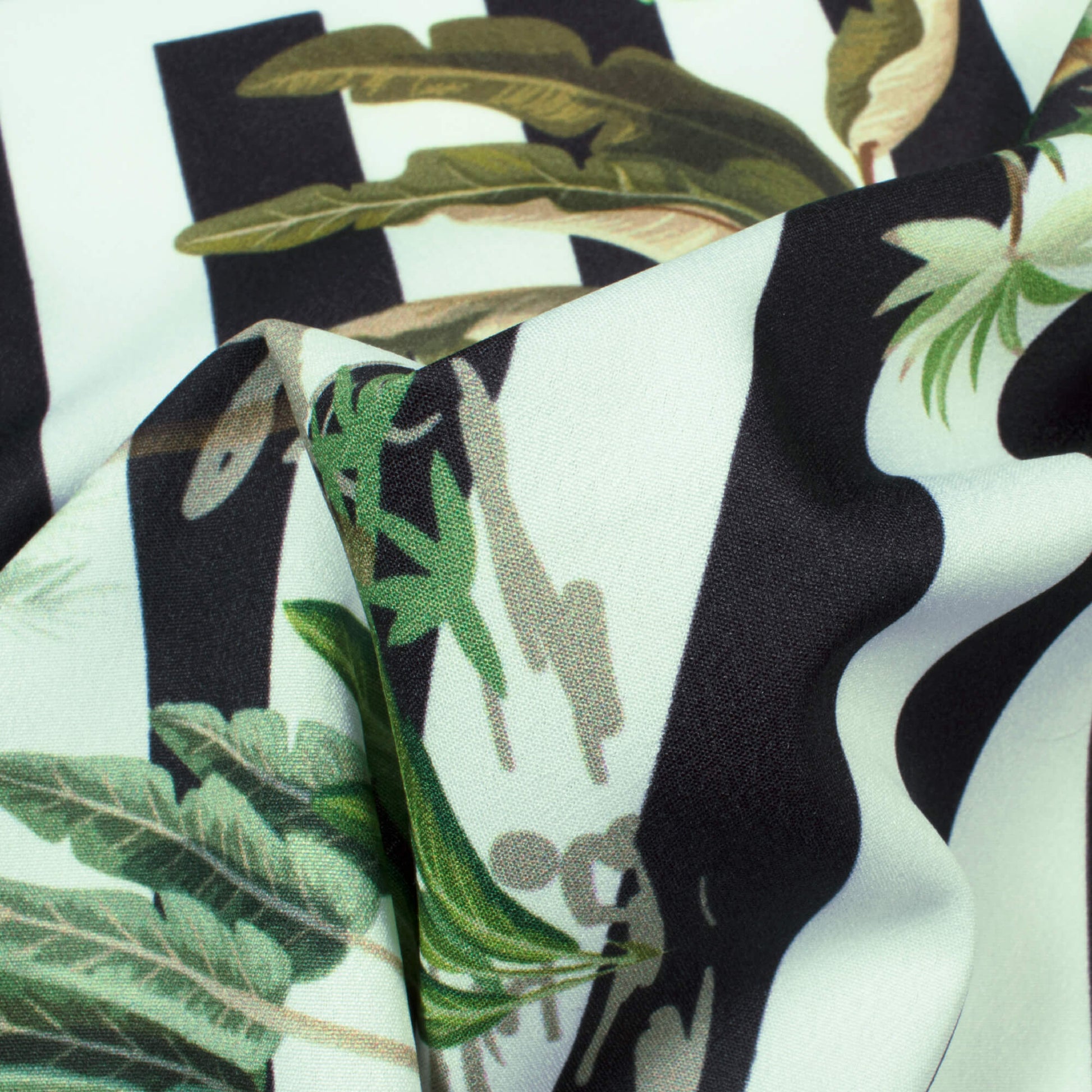 Snow White And Black Tropical Pattern Digital Print American Crepe Fabric - Fabcurate