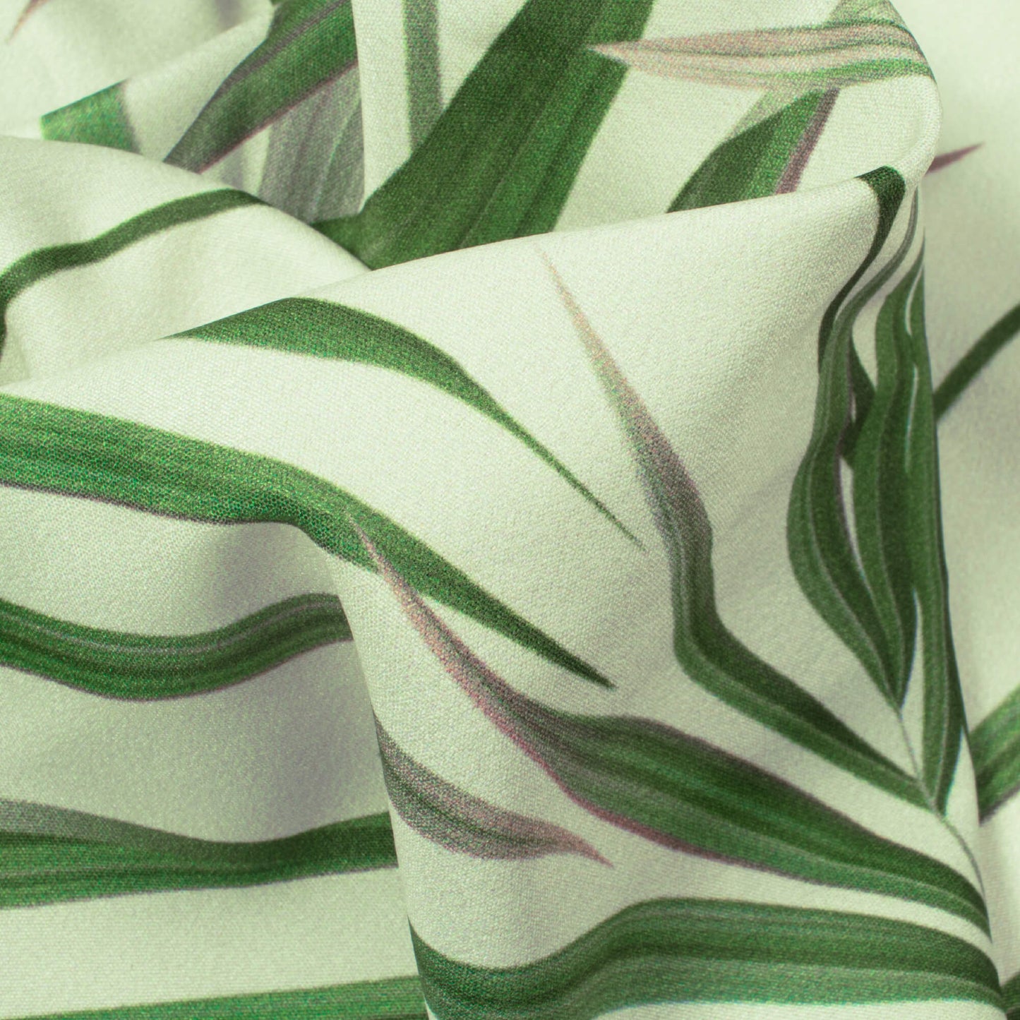 Oyster White And Green Tropical Pattern Digital Print American Crepe Fabric - Fabcurate