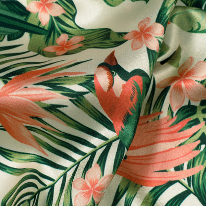 Oyster White And Green Tropical Pattern Digital Print Japan Satin Fabric