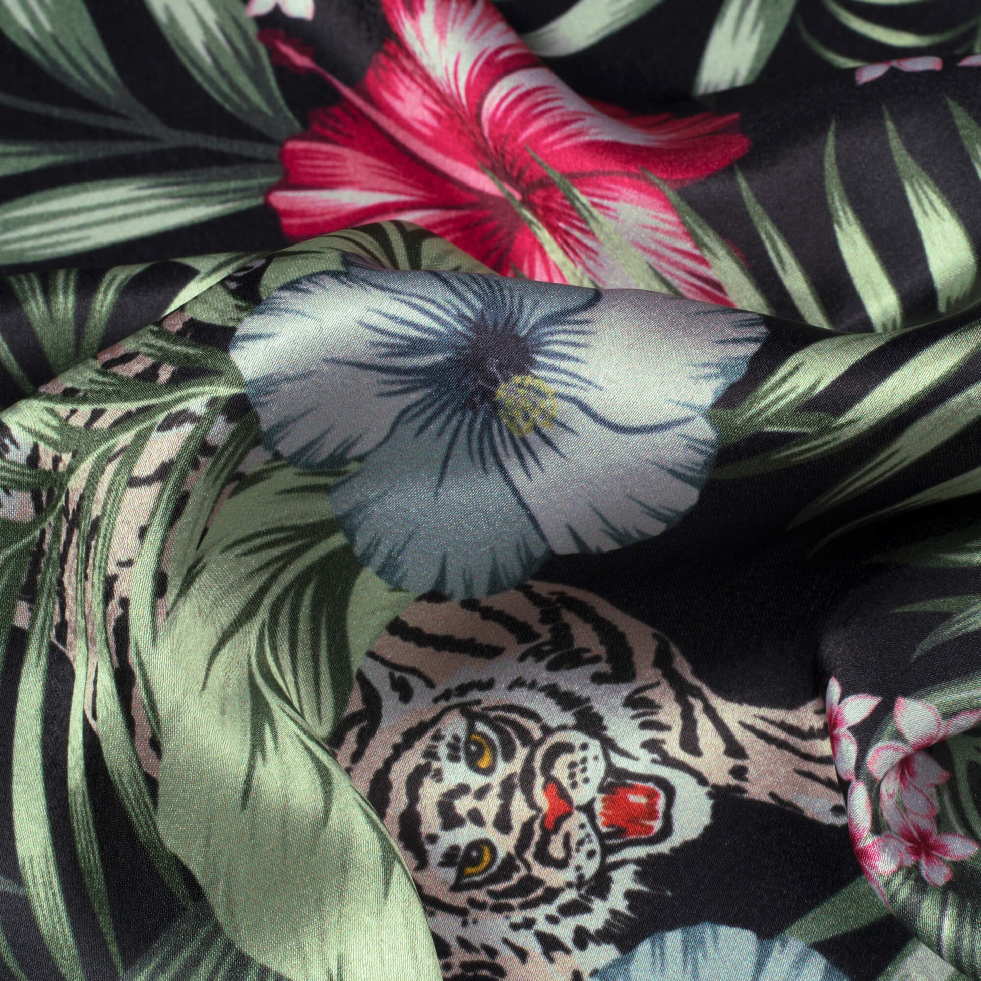 Black And Fuchsia Tropical Pattern Digital Print Japan Satin Fabric - Fabcurate