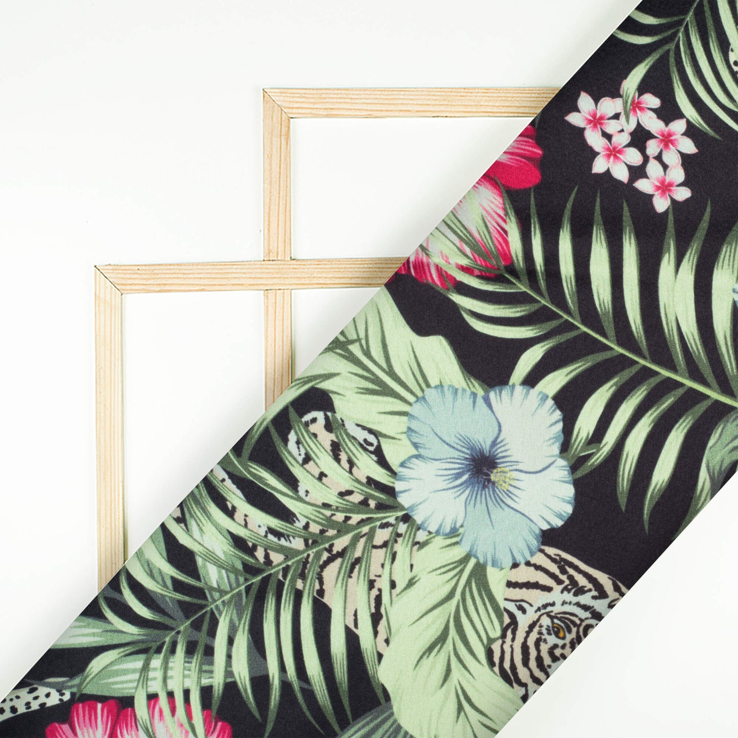 Black And Fuchsia Tropical Pattern Digital Print Japan Satin Fabric - Fabcurate