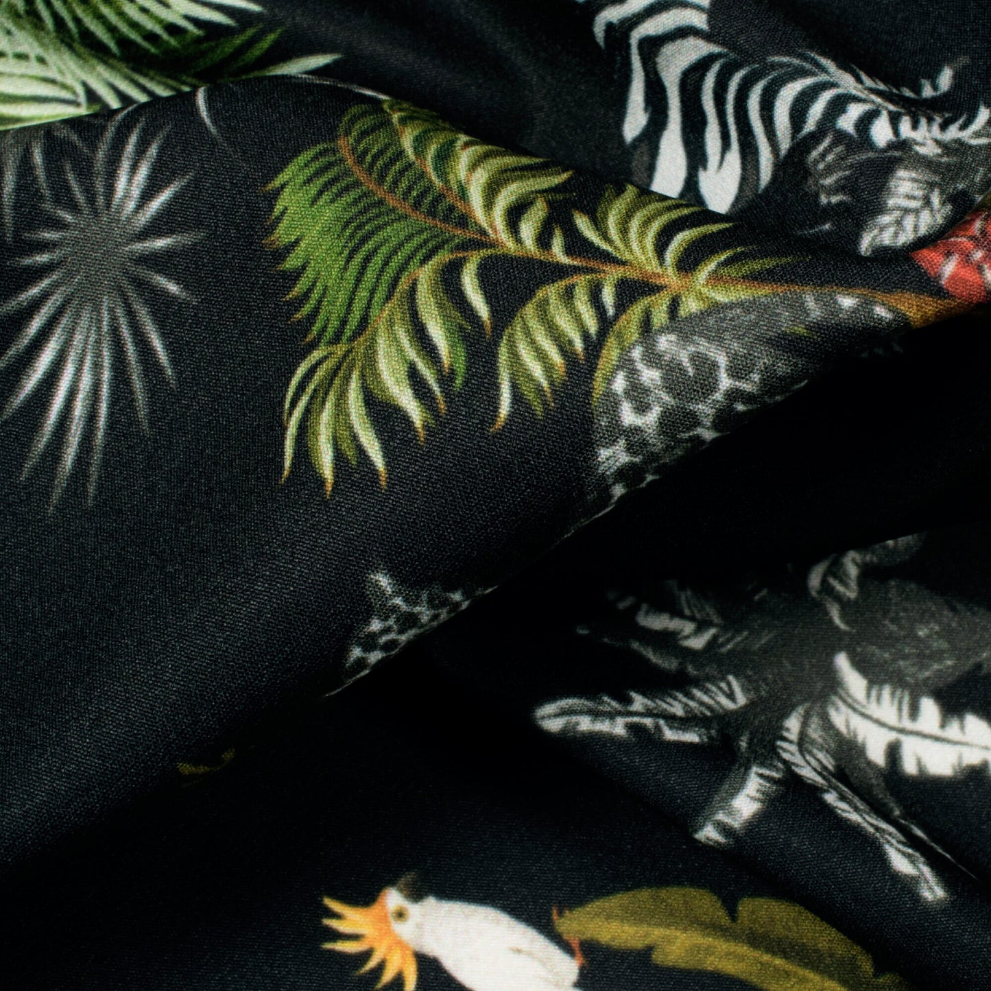 Black And Green Tropical Pattern Digital Print American Crepe Fabric - Fabcurate