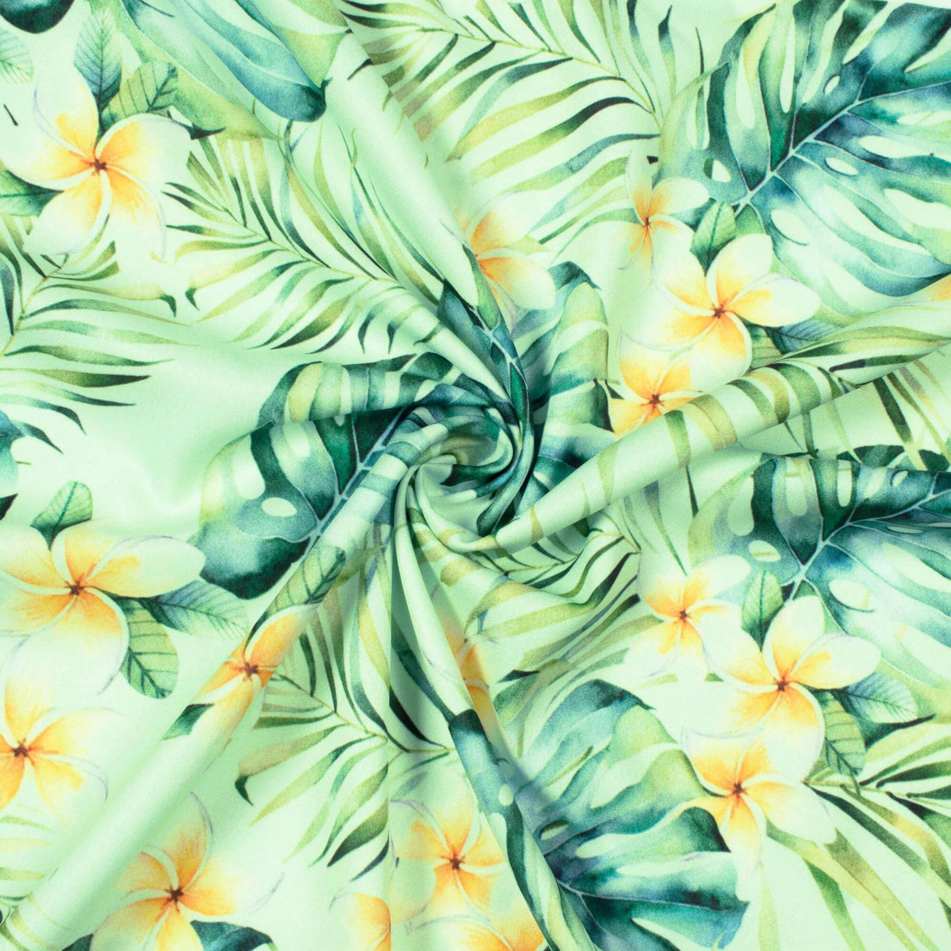 Light Pistachio Green And Yellow Tropical Pattern Digital Print American Crepe Fabric - Fabcurate